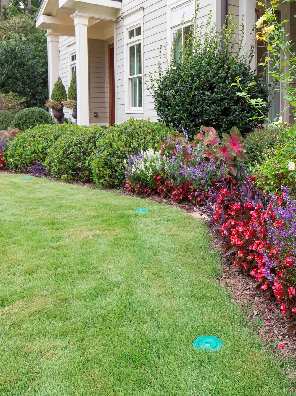 Sentricon termite station installed in the lawn beside a landscaped home