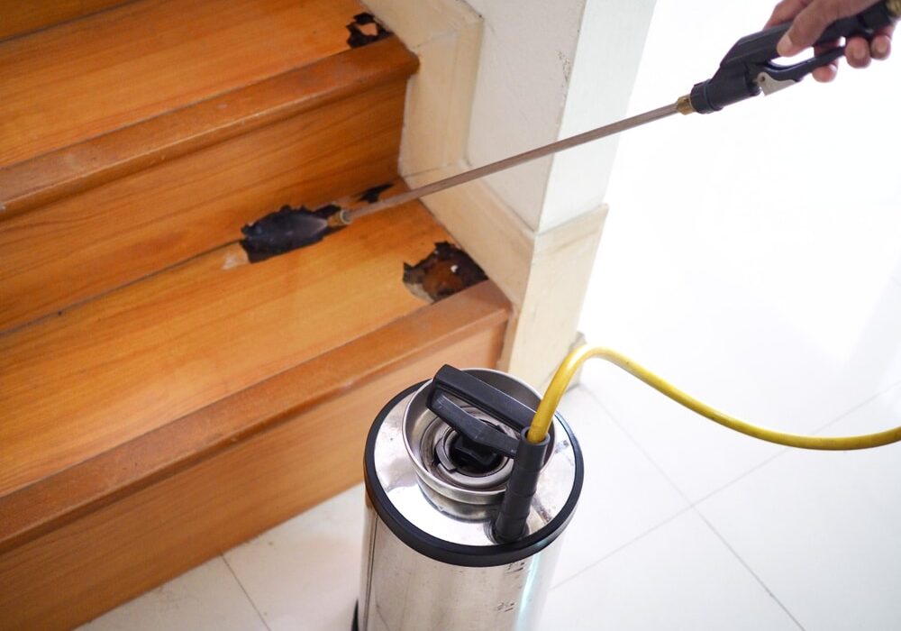 Pest control technician using equipment and liquid to dispose Termite infested wood inside house.