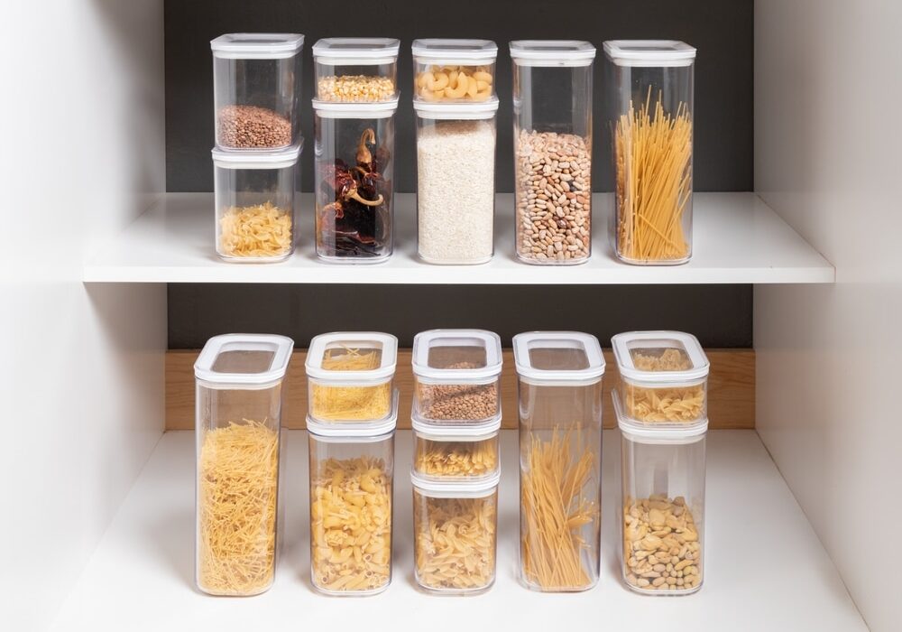 Organized Kitchen Cabinet with Multiple Stackable Clear Containers