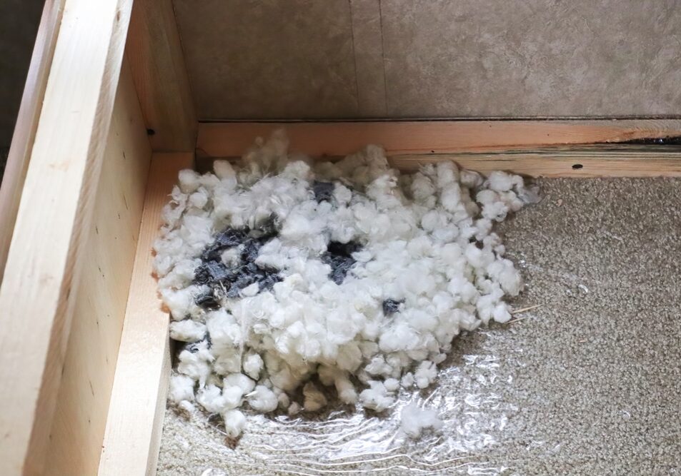 A mouse nest built in the corner of a box