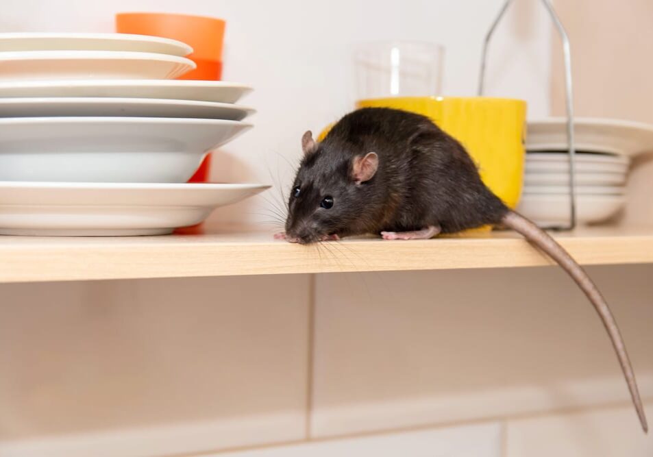 Rat crawls in the kitchen on dishes and looking for food.