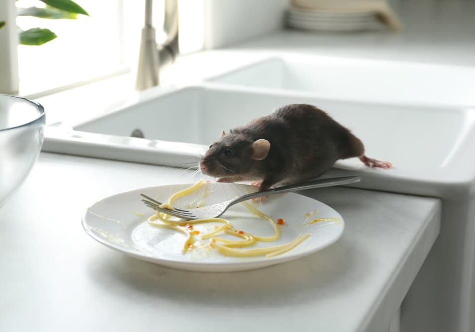 Rat near dirty plate on kitchen counter
