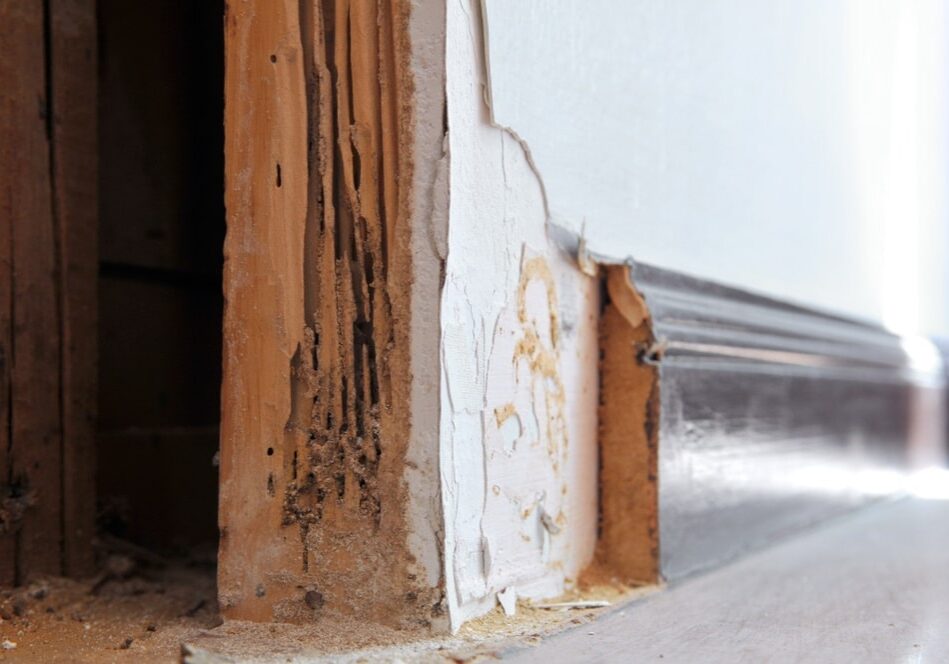 Rotten lumber inside wooden wall has been eaten by termites