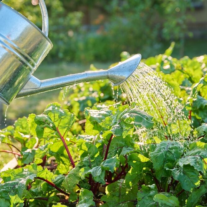 Close-up of watering can in hands watering beet plants