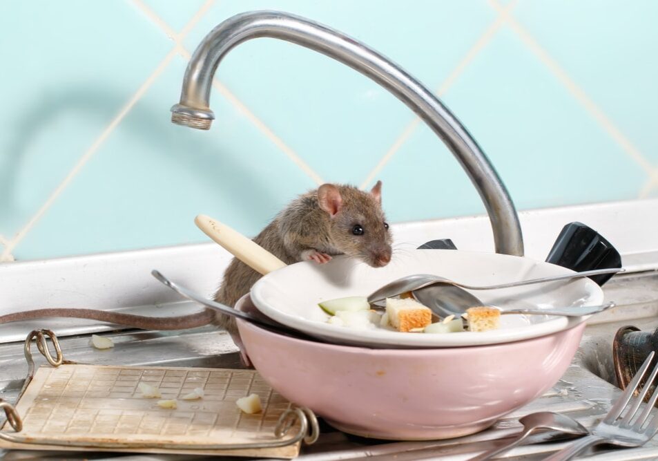 Young rat climbs into the dish